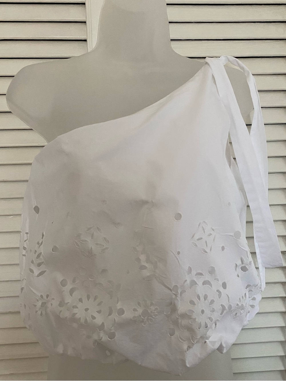 White One-Shoulder Eyelet Tie-Shoulder Top